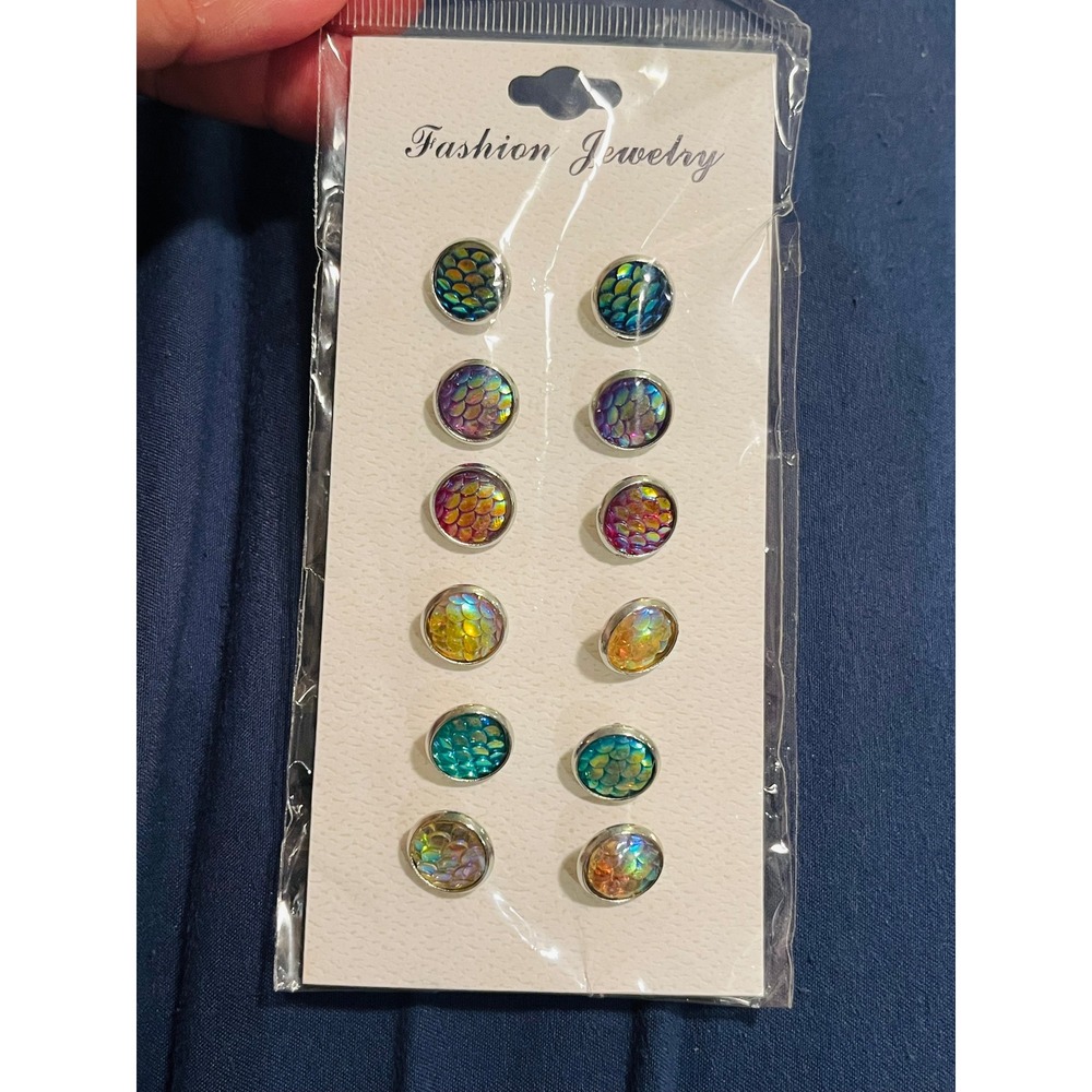 6 Pairs Mermaid Earrings Adult Kids aquas teals deep blues pearlescent purples
